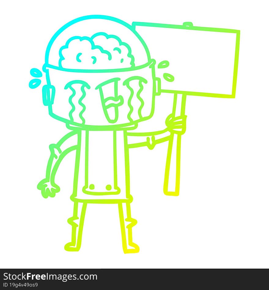 cold gradient line drawing of a cartoon crying robot waving sign