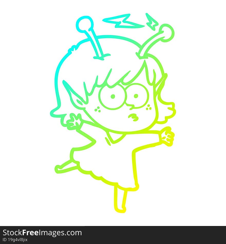 cold gradient line drawing of a cartoon alien girl