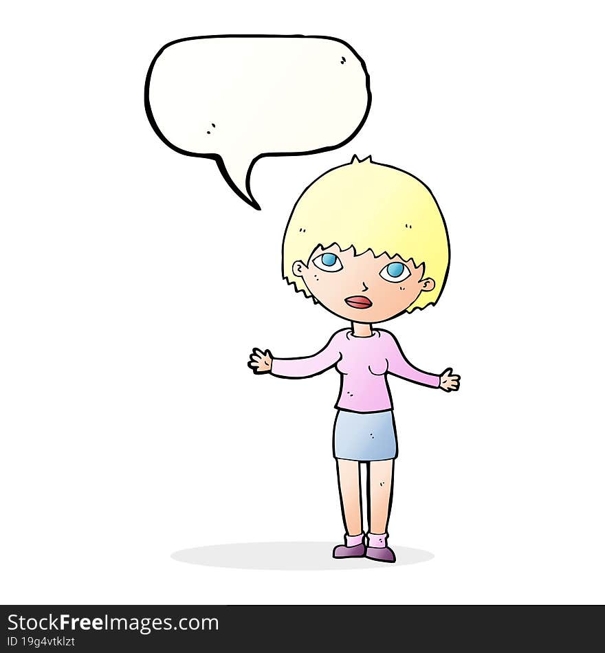 cartoon woman shrugging  with speech bubble