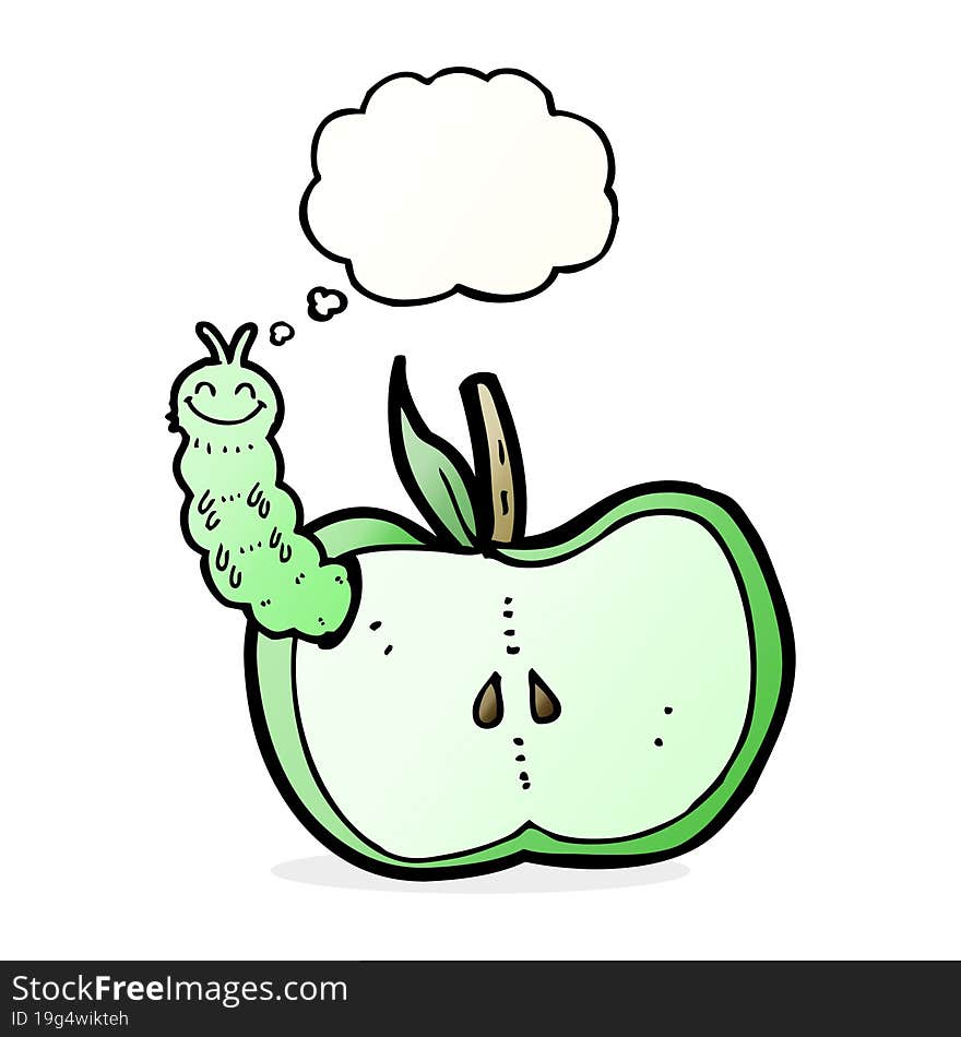 cartoon apple with bug with thought bubble