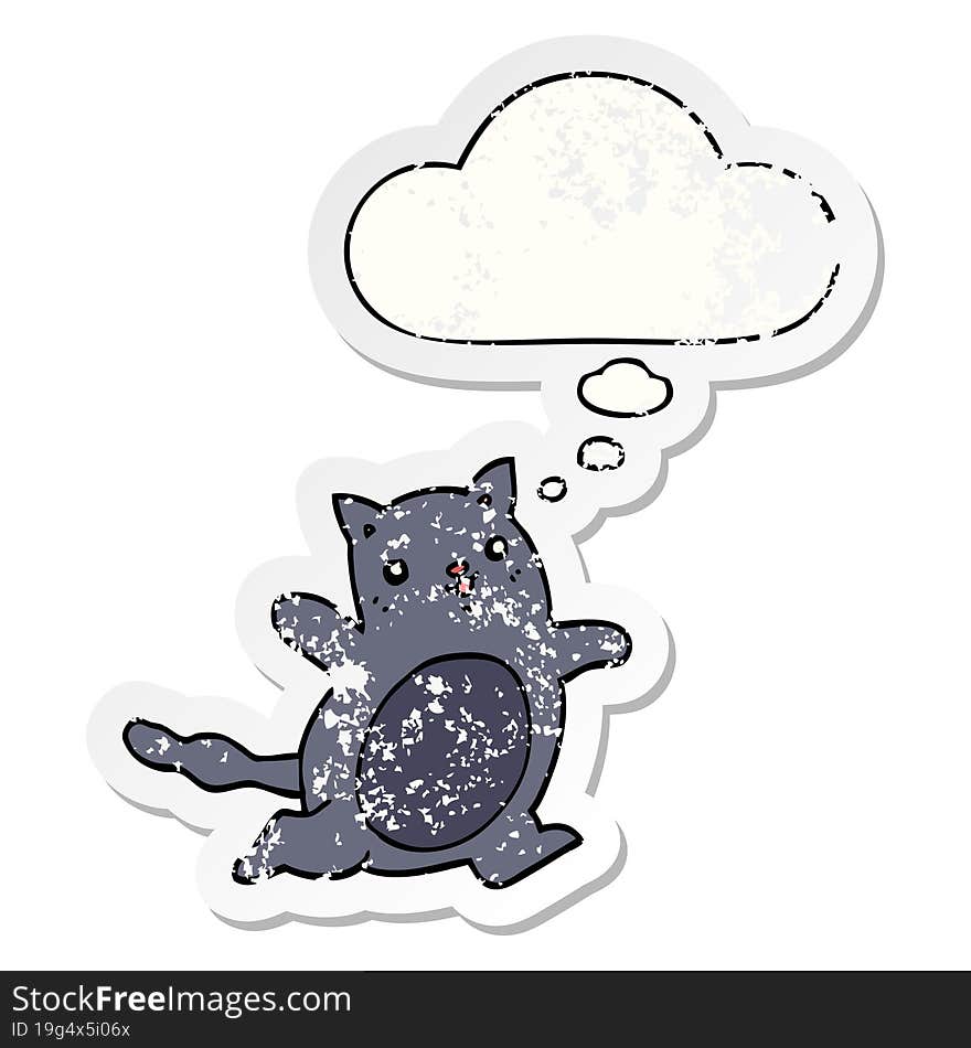 cartoon cat and thought bubble as a distressed worn sticker