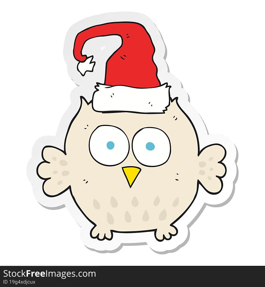 Sticker Of A Cartoon Owl Wearing Christmas Hat