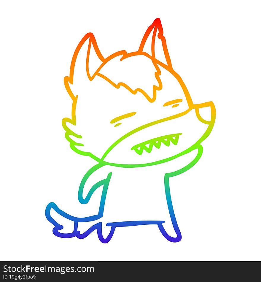 rainbow gradient line drawing of a cartoon wolf waving showing teeth