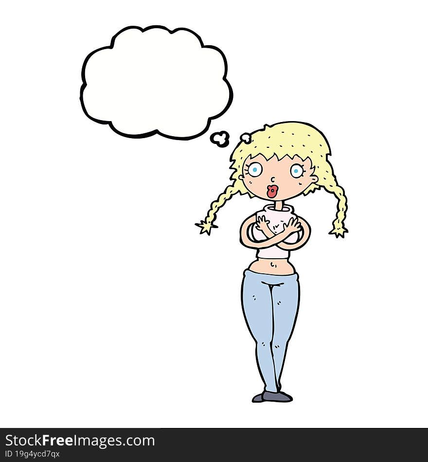 cartoon offended woman covering herself with thought bubble