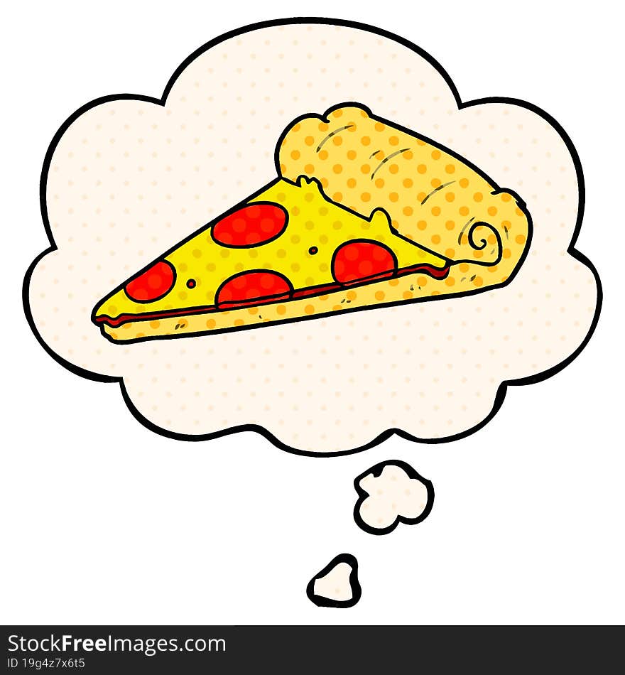 cartoon pizza slice and thought bubble in comic book style