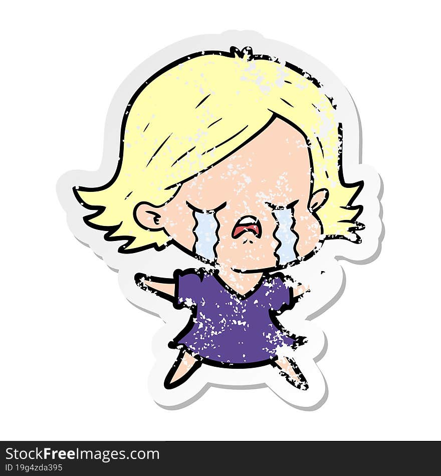 distressed sticker of a cartoon girl crying