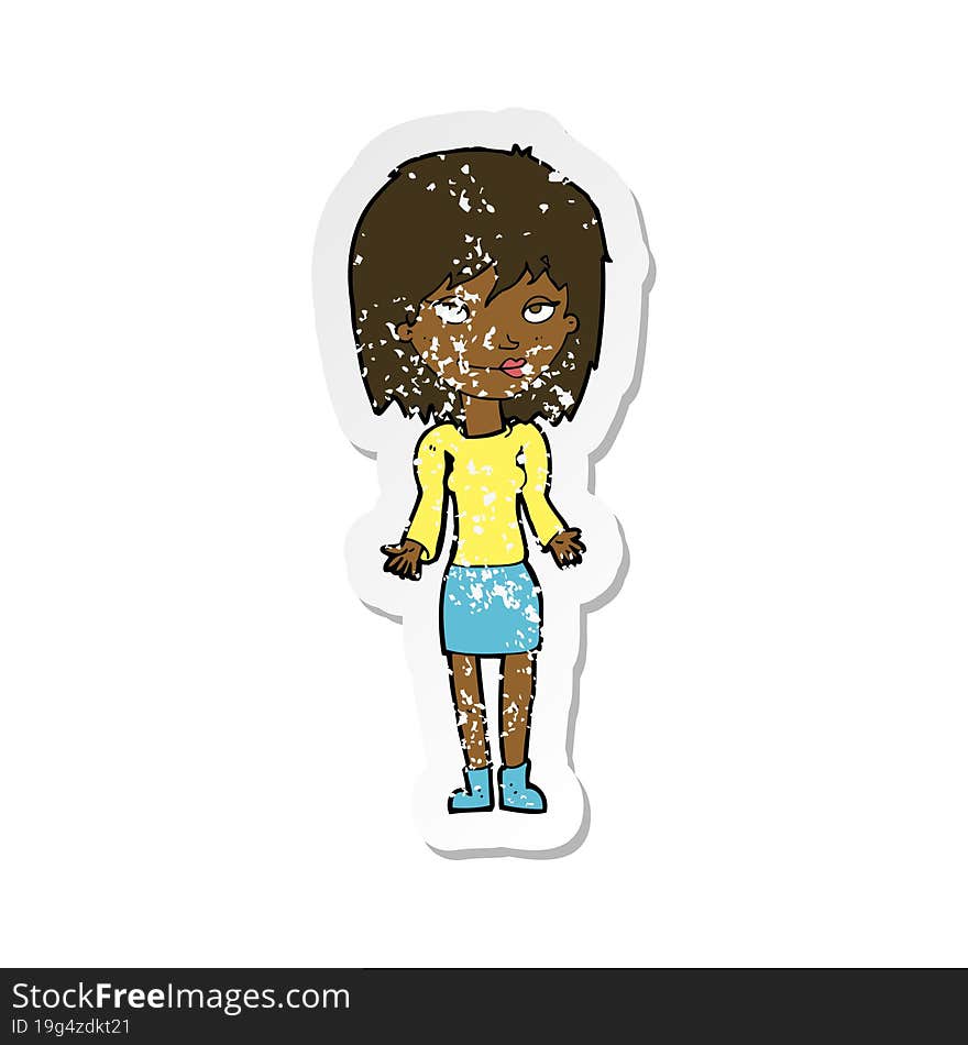 retro distressed sticker of a cartoon woman shrugging shoulders