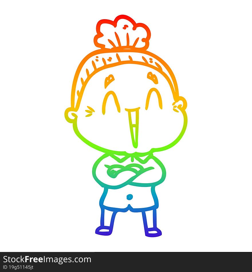 rainbow gradient line drawing of a cartoon happy old lady