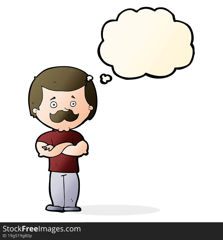 cartoon manly mustache man with thought bubble