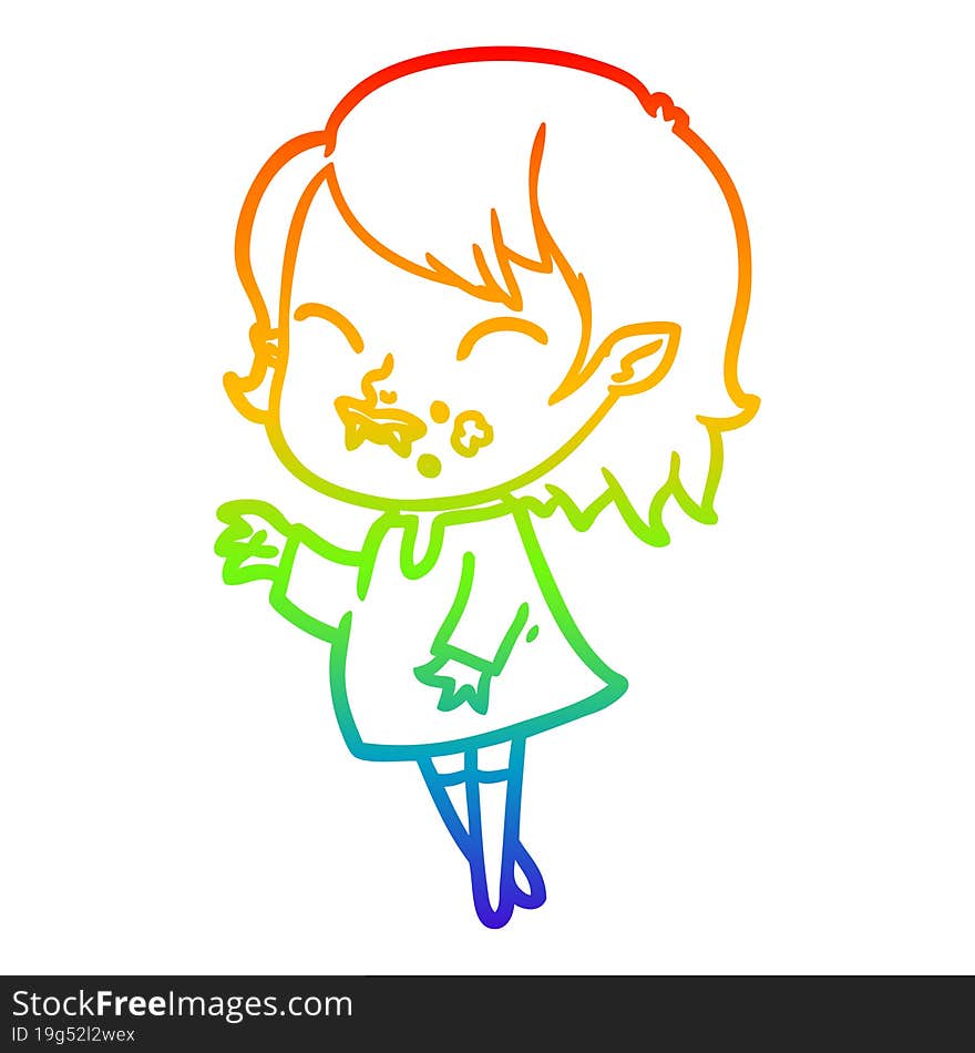 rainbow gradient line drawing cartoon vampire girl with blood on cheek