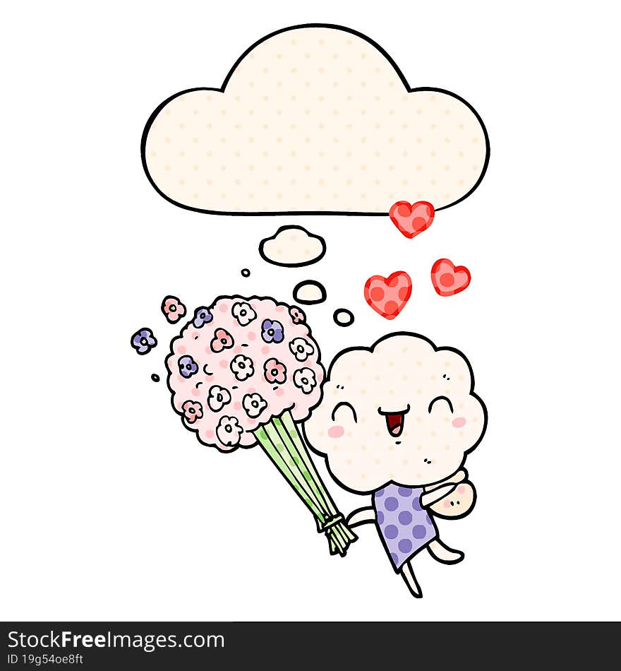 cute cartoon cloud head creature with thought bubble in comic book style