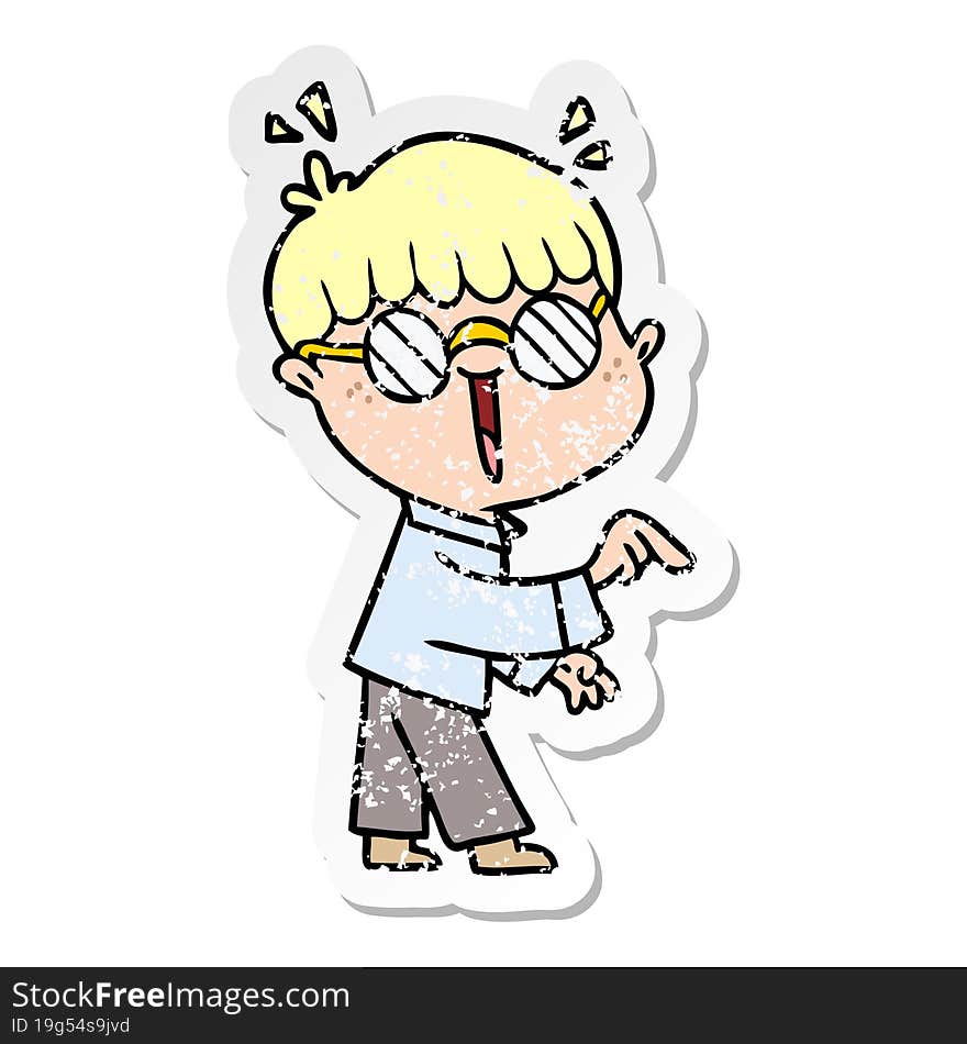 distressed sticker of a cartoon boy wearing spectacles