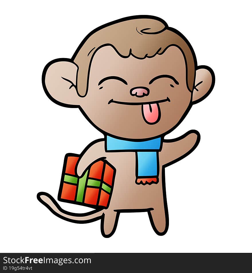 funny cartoon monkey with christmas present. funny cartoon monkey with christmas present