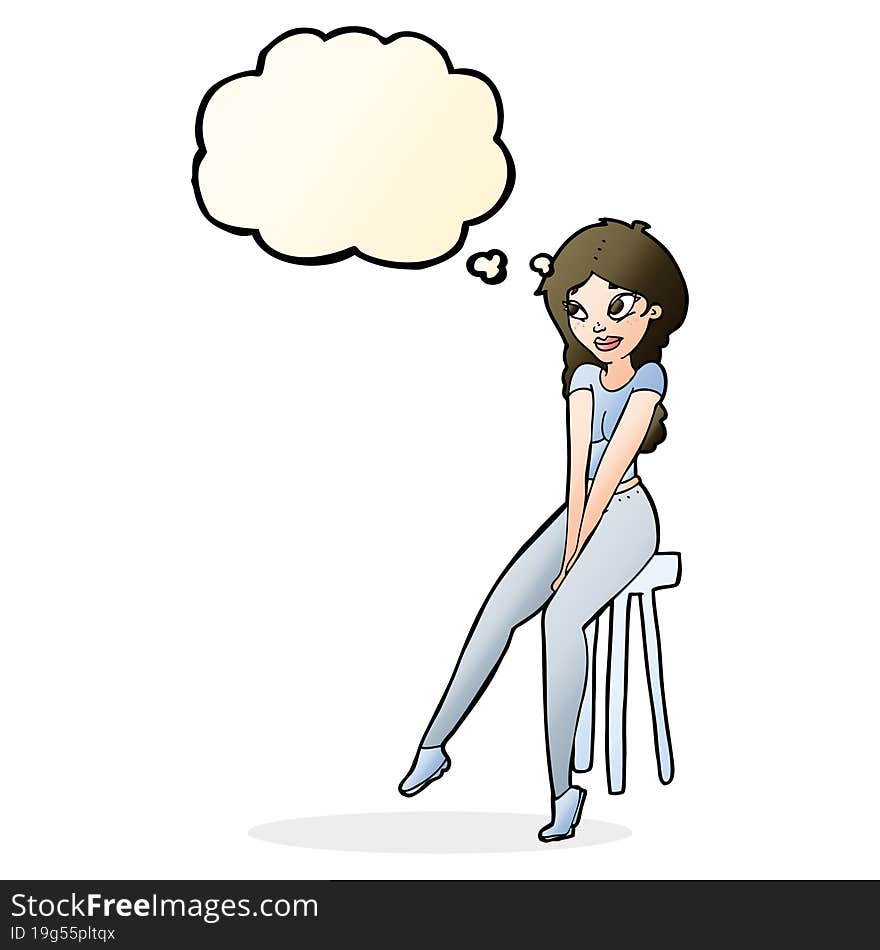 cartoon pretty girl on stool with thought bubble