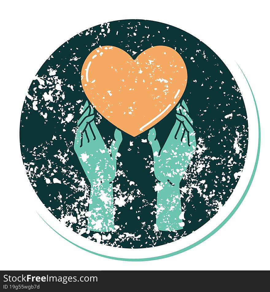 Distressed Sticker Tattoo Style Icon Of A Hands Reaching For A Heart