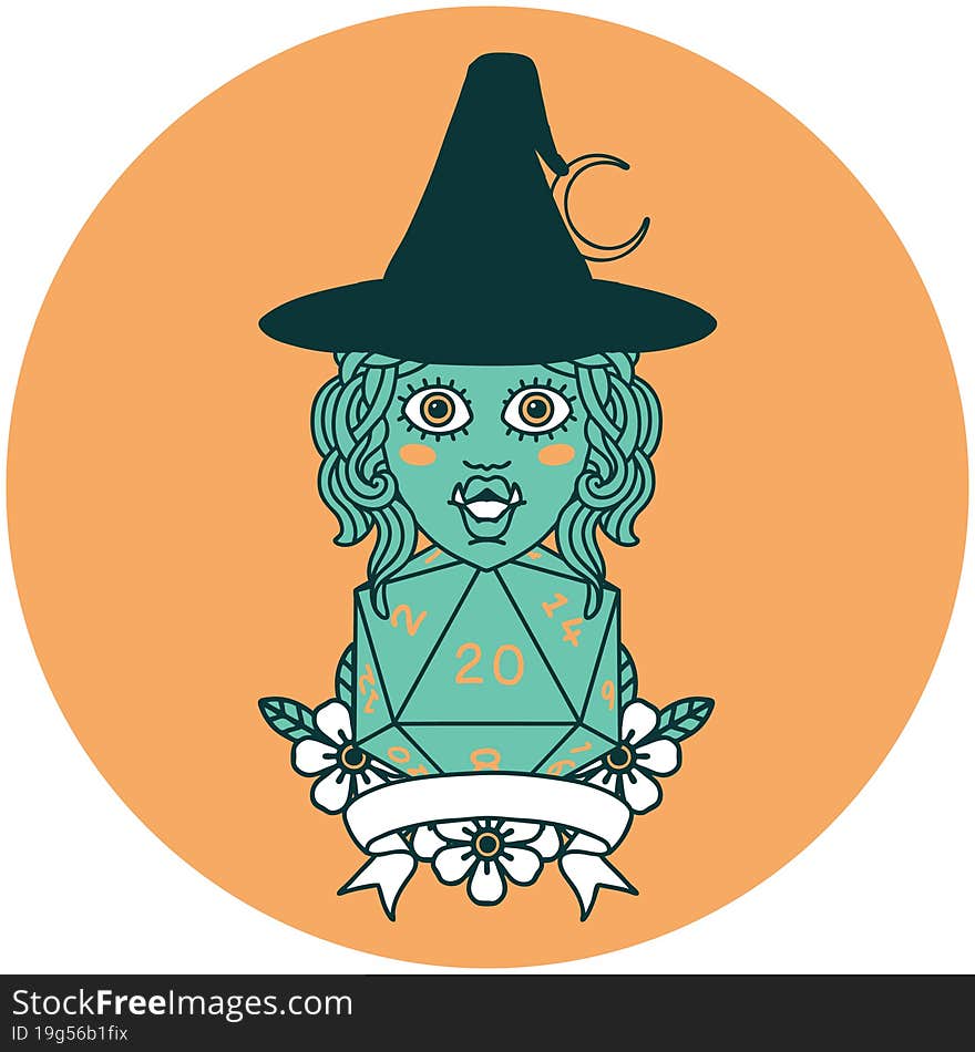 half orc witch character with natural 20 dice roll icon