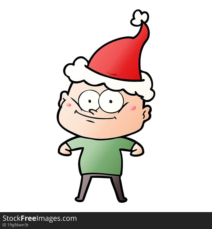 hand drawn gradient cartoon of a bald man staring wearing santa hat