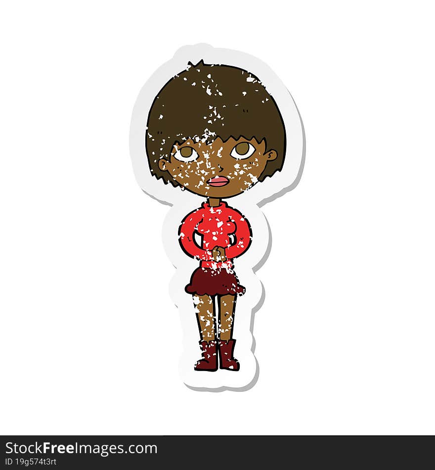 retro distressed sticker of a cartoon woman waiting patiently