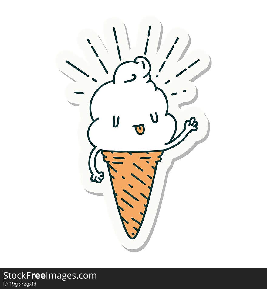 Sticker Of Tattoo Style Ice Cream Character Waving