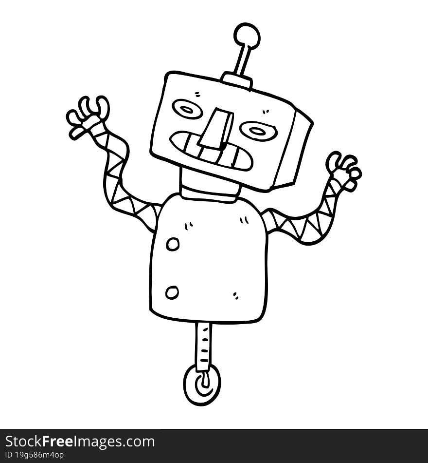 line drawing cartoon robot on wheel