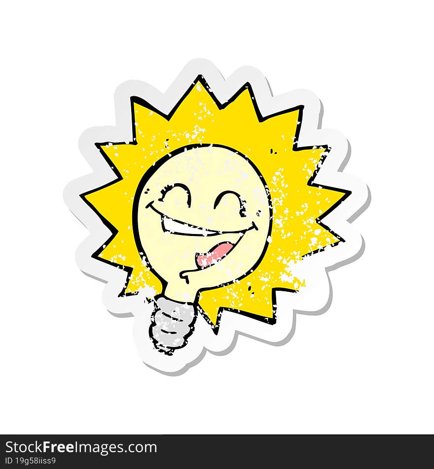 retro distressed sticker of a happy light bulb cartoon