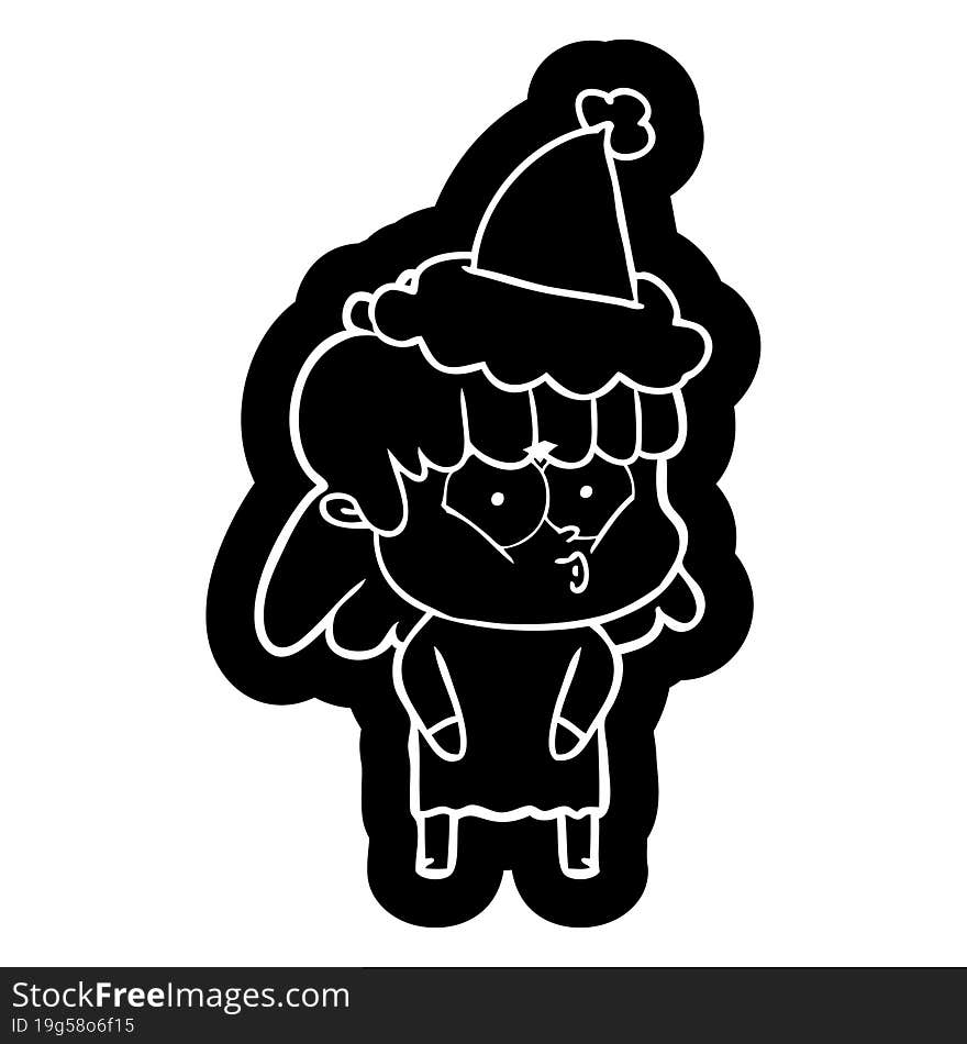 cartoon icon of a whistling girl wearing santa hat