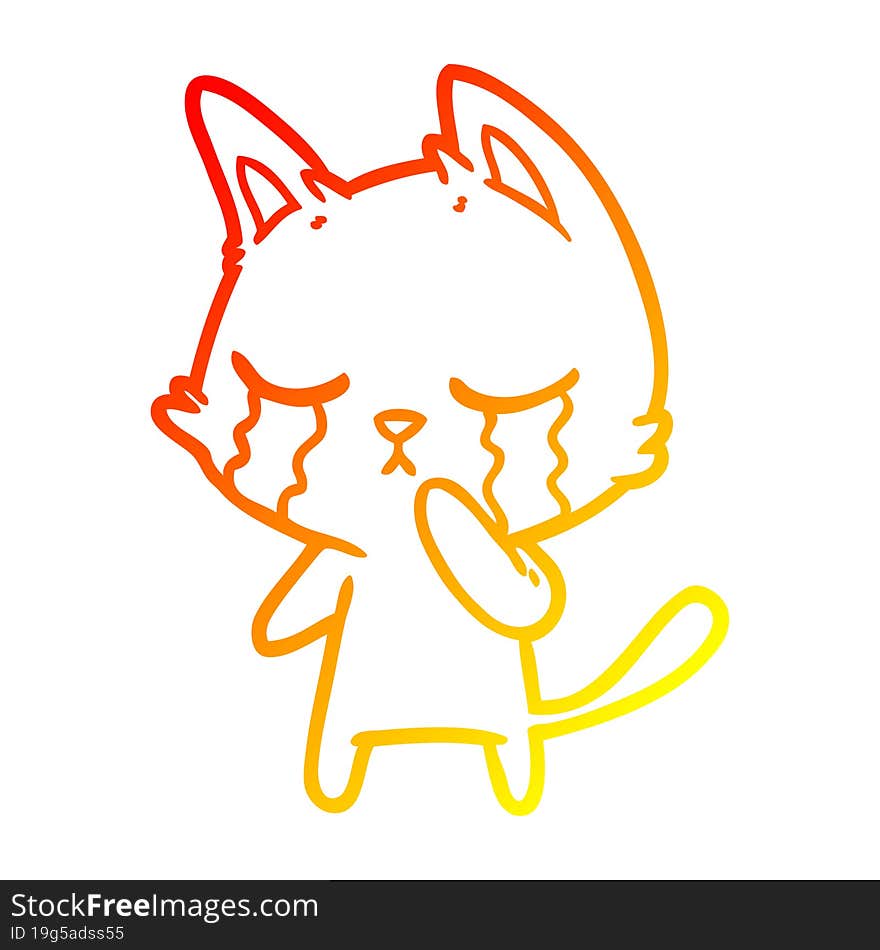 warm gradient line drawing of a crying cartoon cat