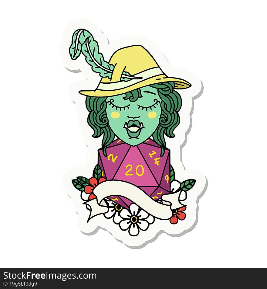 singing half orc bard character with natural twenty dice roll sticker