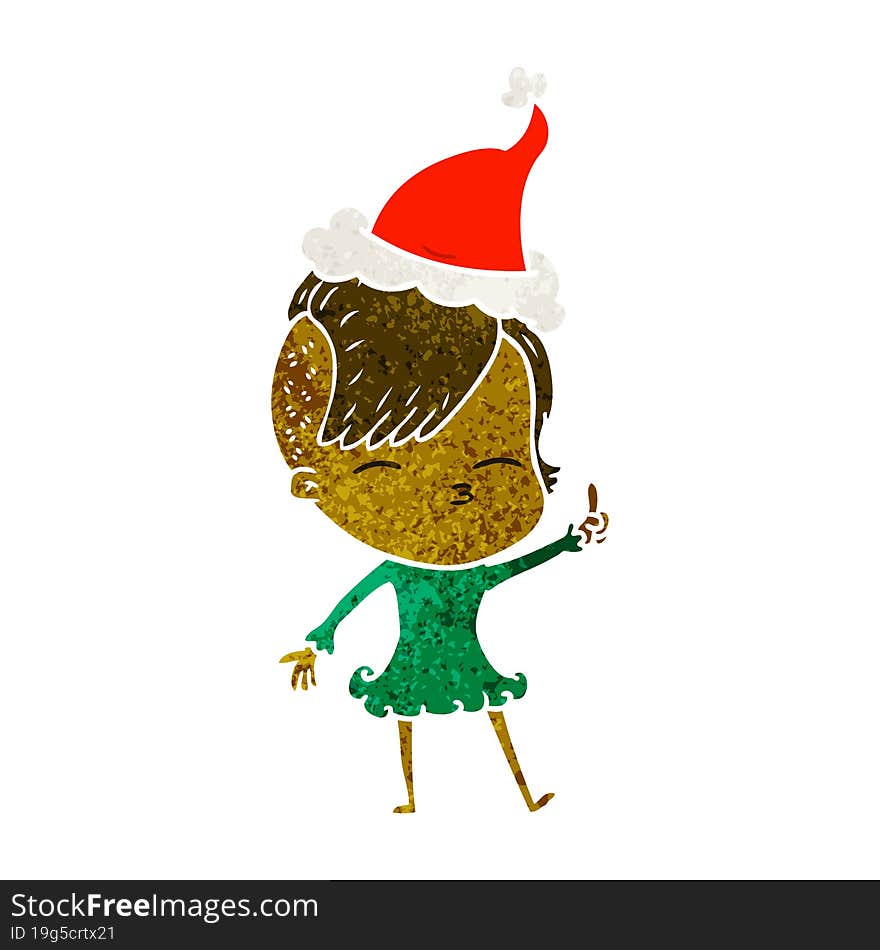 retro cartoon of a squinting girl wearing santa hat