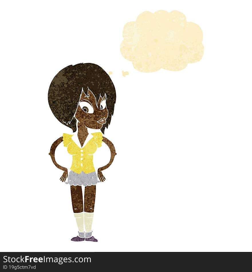 cartoon woman with hands on hips with thought bubble