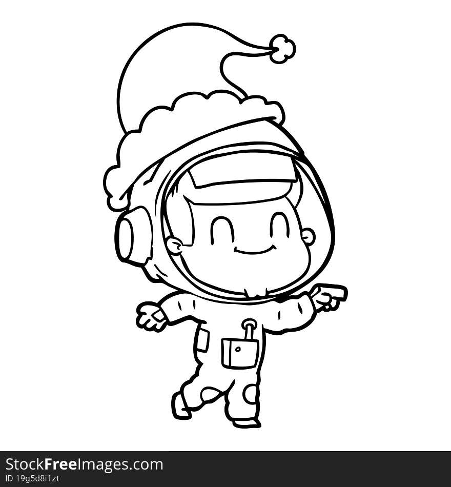 happy line drawing of a astronaut man wearing santa hat