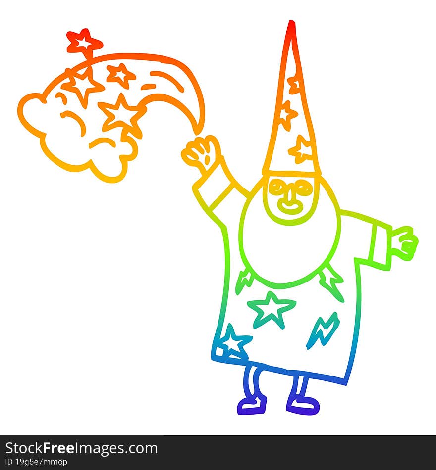 rainbow gradient line drawing of a cartoon wizard casting spell