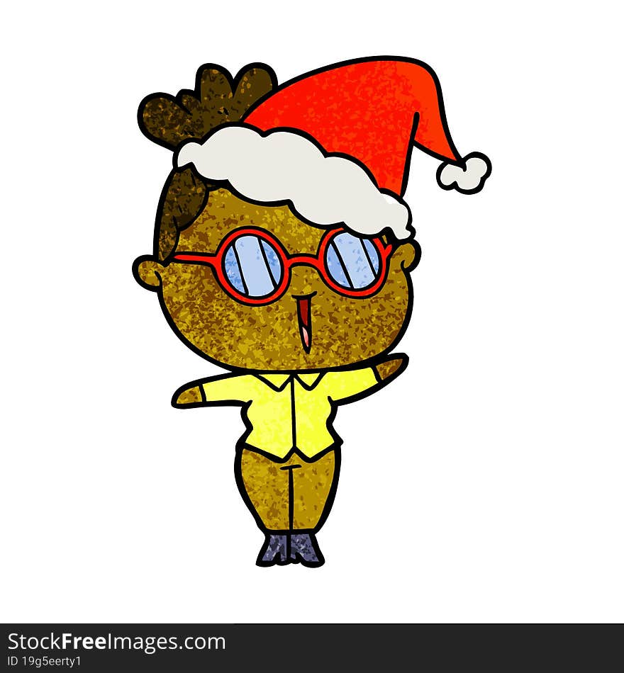 textured cartoon of a woman wearing spectacles wearing santa hat