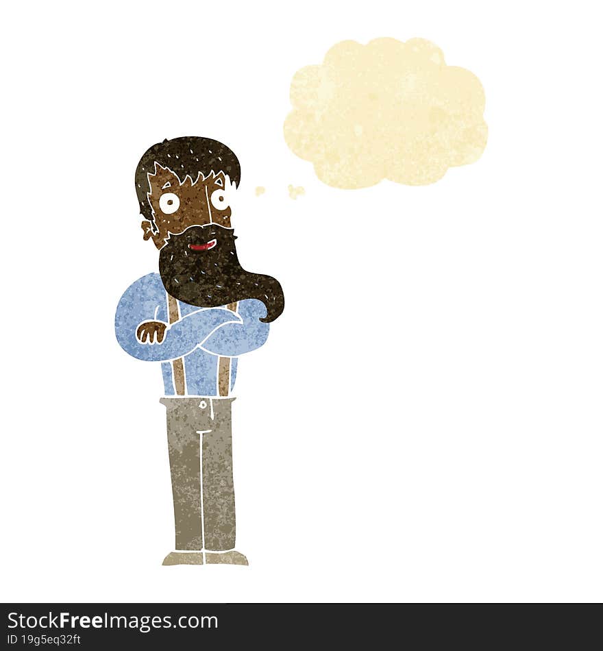 cartoon bearded hipster man with thought bubble