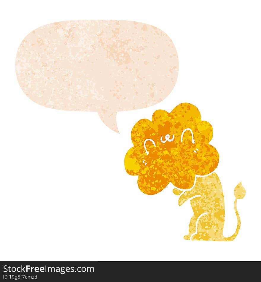 cartoon lion and speech bubble in retro textured style