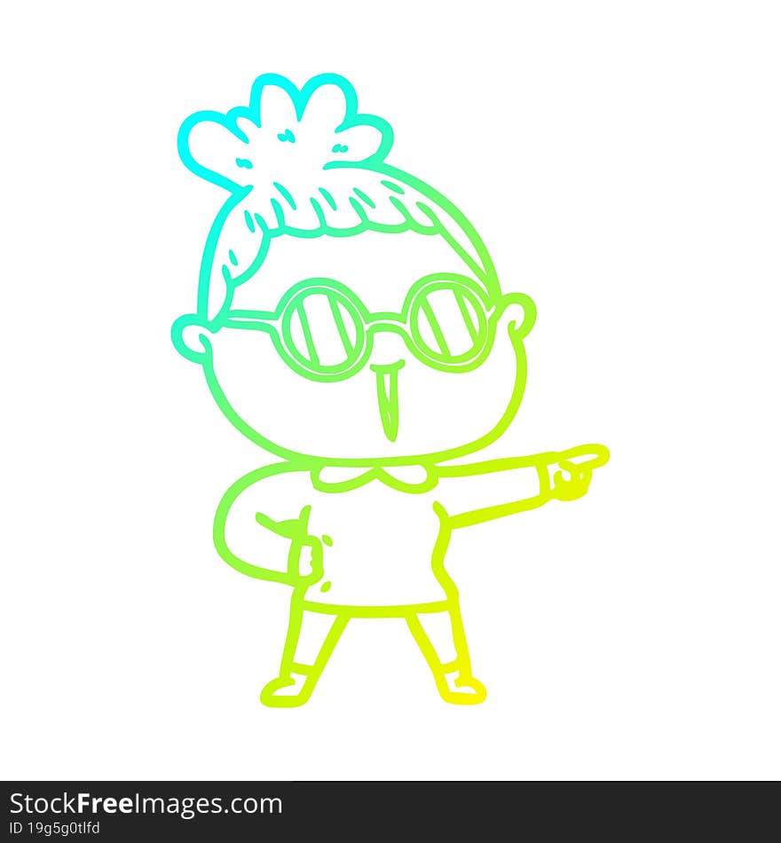 cold gradient line drawing of a cartoon woman wearing spectacles