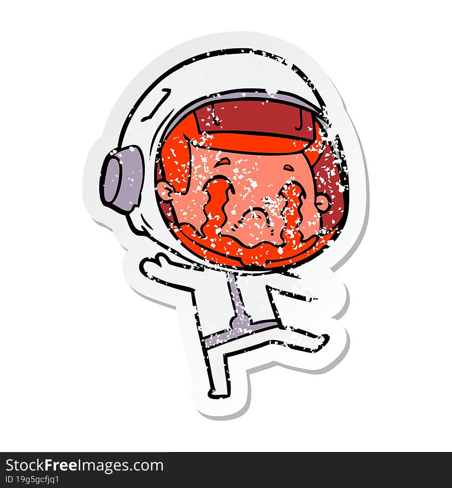 distressed sticker of a cartoon crying astronaut