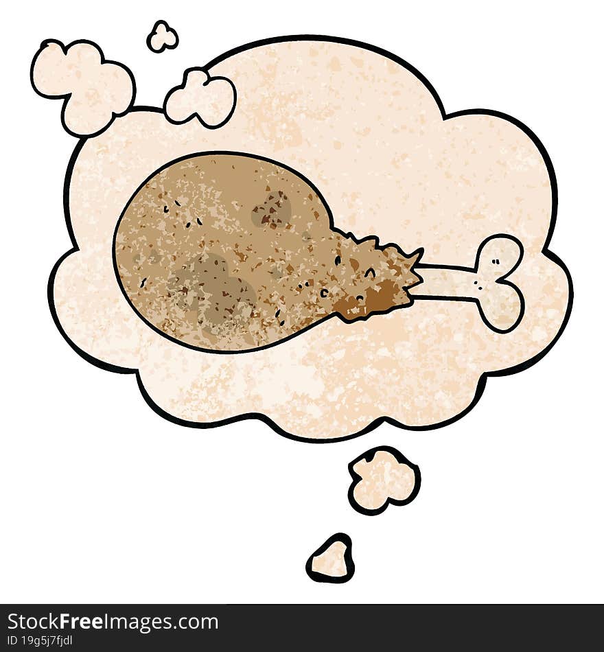 cartoon cooked chicken leg and thought bubble in grunge texture pattern style