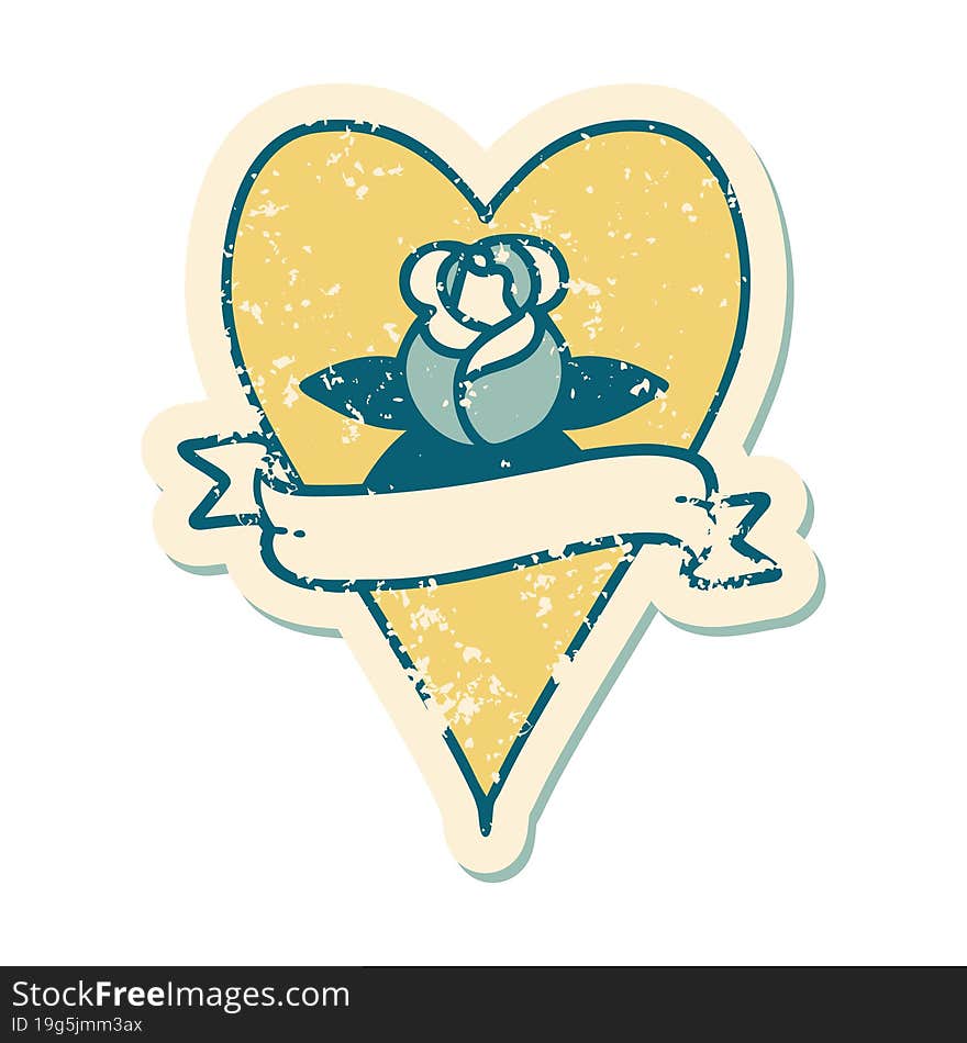 Distressed Sticker Tattoo Style Icon Of A Heart Rose And Banner