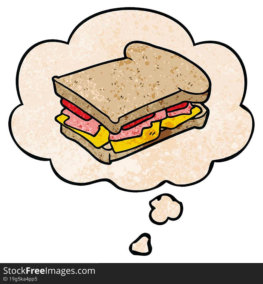 cartoon ham sandwich and thought bubble in grunge texture pattern style