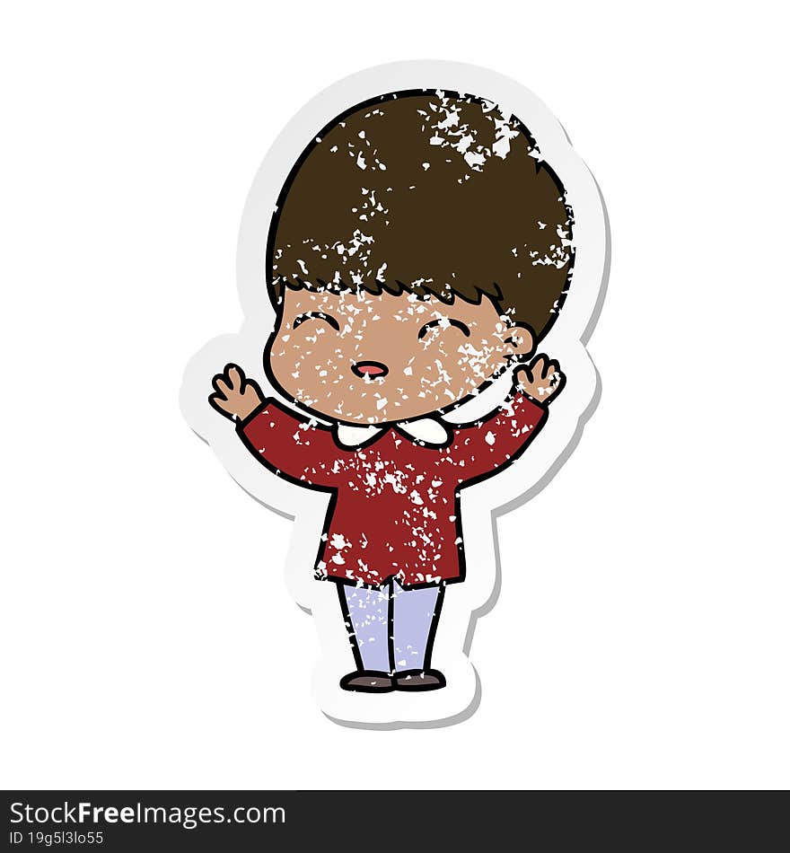 distressed sticker of a happy cartoon boy