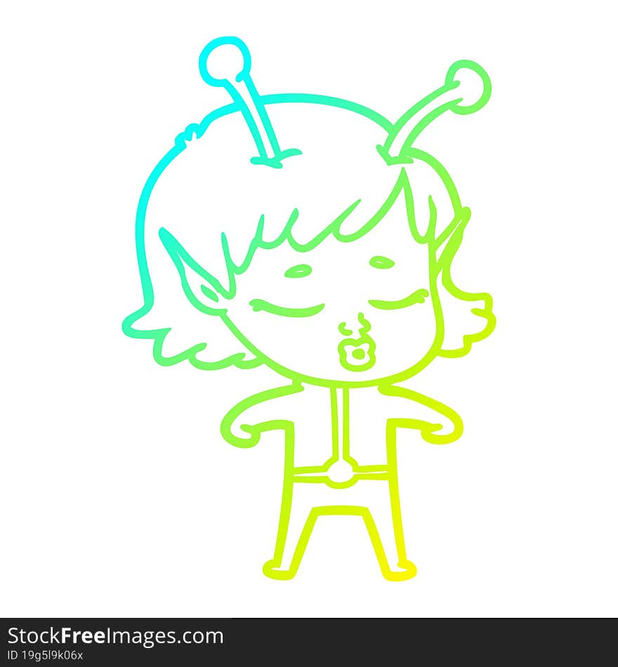 cold gradient line drawing of a cartoon alien girl