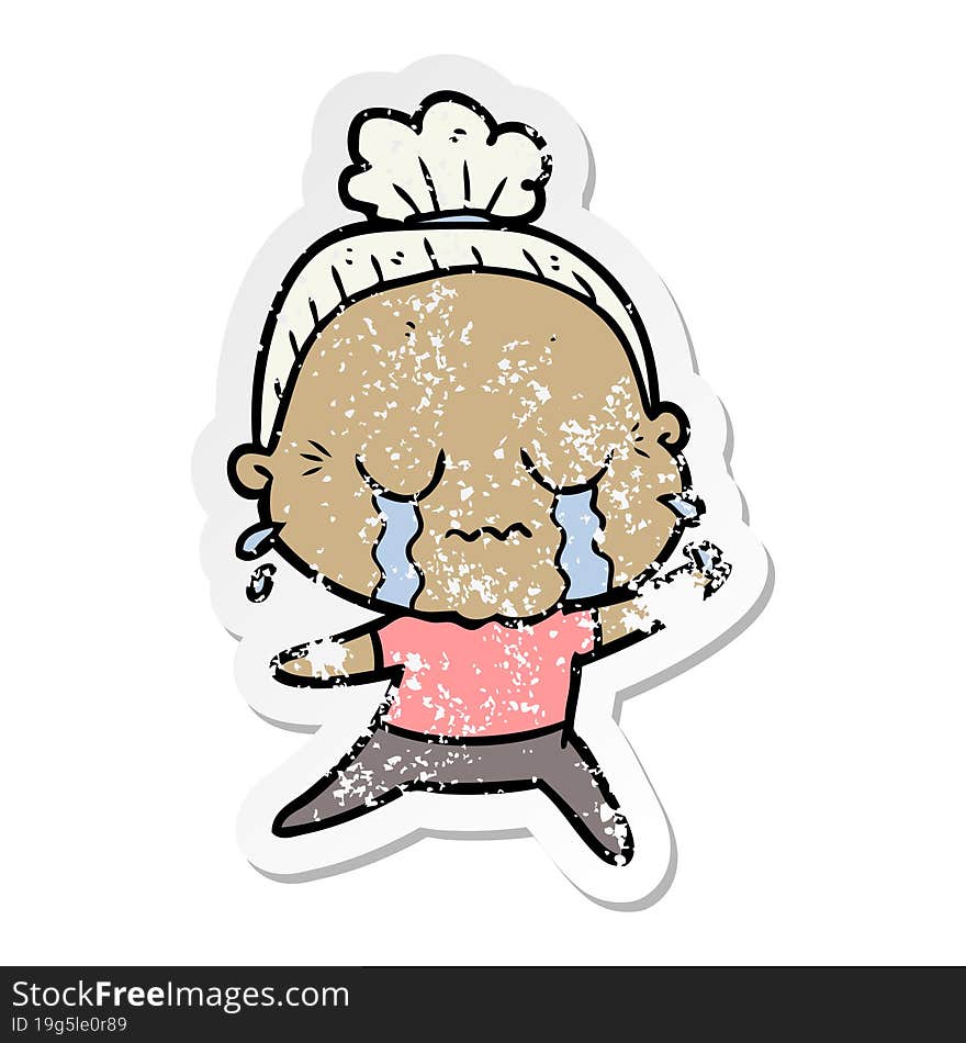 distressed sticker of a cartoon crying old lady