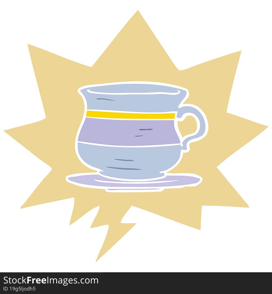 cartoon old tea cup and speech bubble in retro style