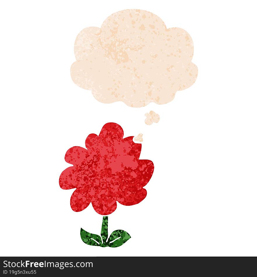 cartoon flower and thought bubble in retro textured style