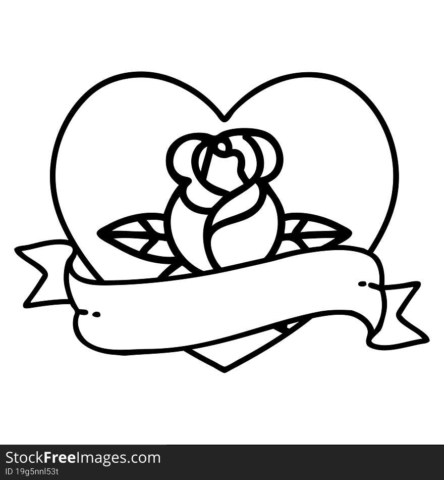 tattoo in black line style of a heart rose and banner. tattoo in black line style of a heart rose and banner