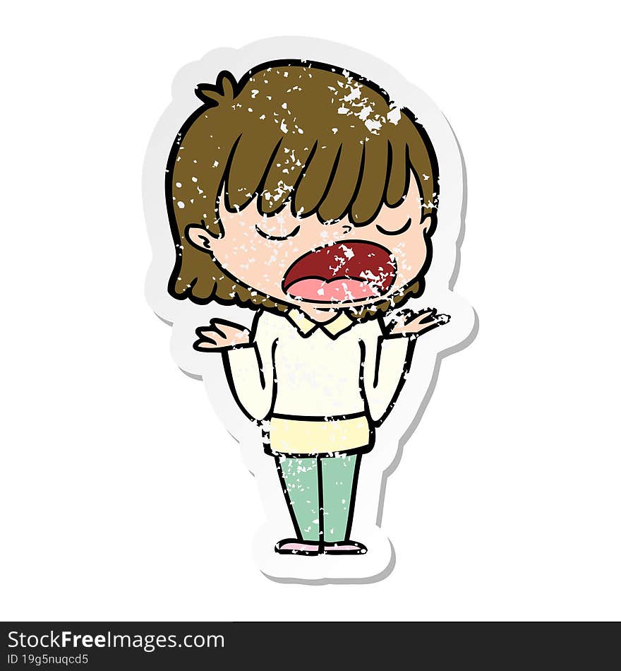 distressed sticker of a cartoon woman talking loudly