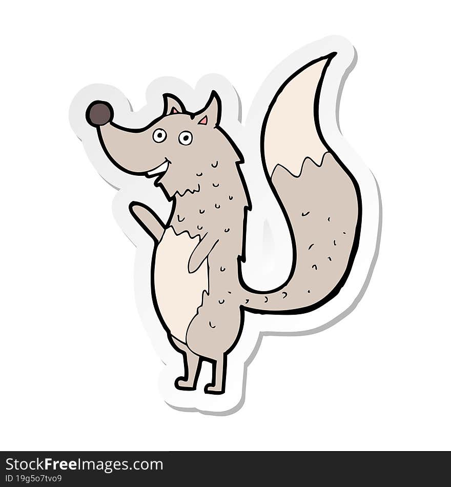 sticker of a cartoon waving wolf