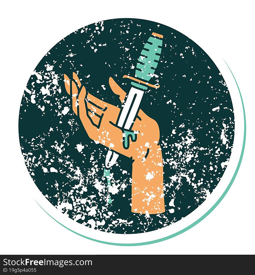 iconic distressed sticker tattoo style image of a dagger in the hand. iconic distressed sticker tattoo style image of a dagger in the hand