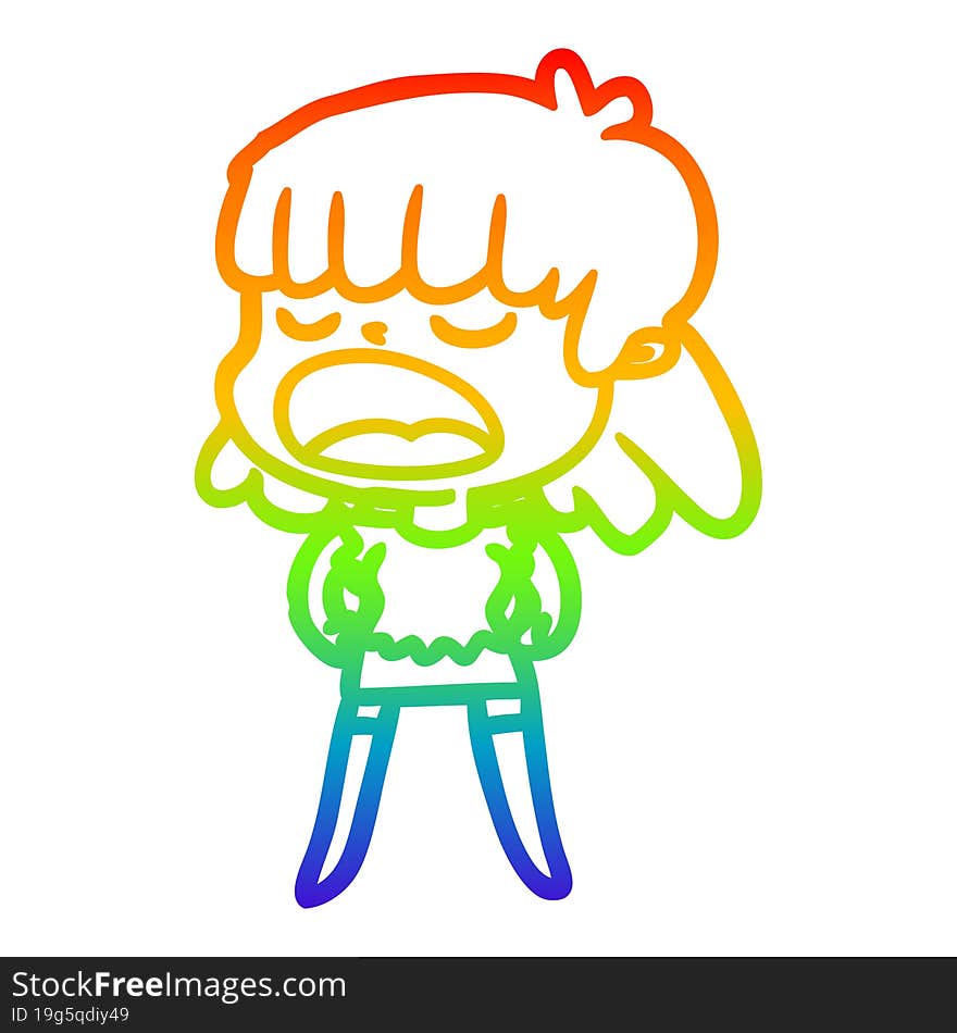 rainbow gradient line drawing of a cartoon woman talking loudly